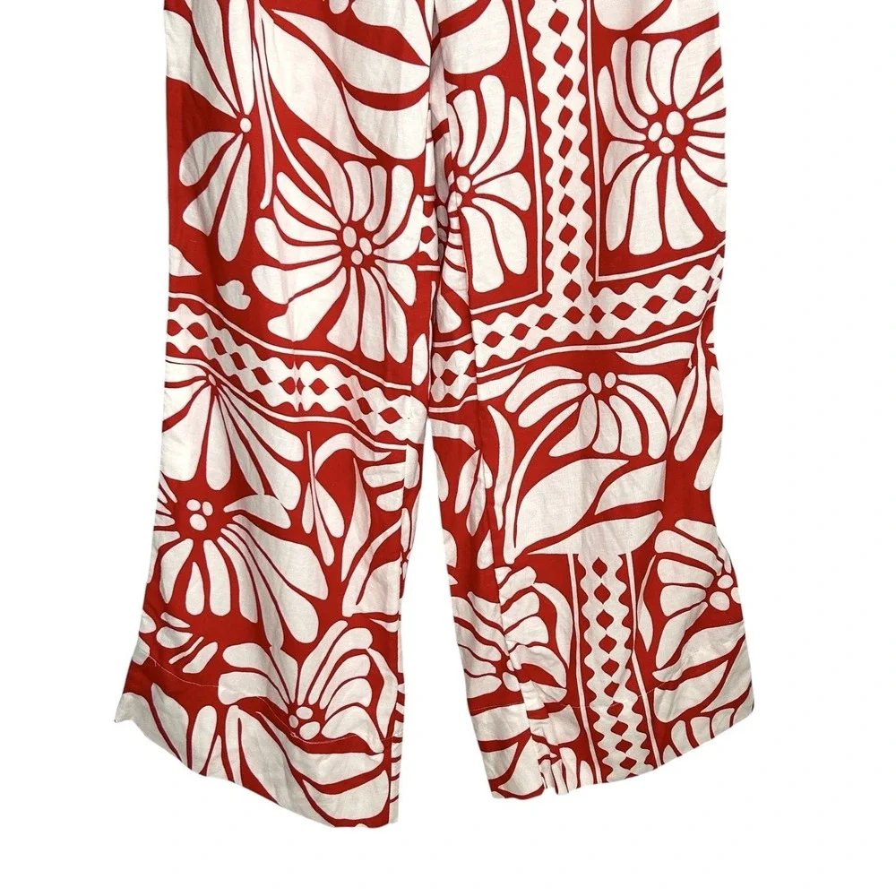 H&M Tropical Wide Leg Pants Sz 4 Boho Retro Floral Linen Blend Resort Vacation